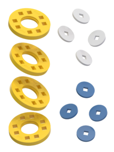 Wheels – 4 Yellow wheels with 4 white and 4 blue hubs