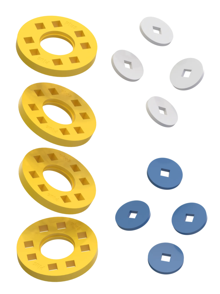 Wheels – 4 Yellow wheels with 4 white and 4 blue hubs