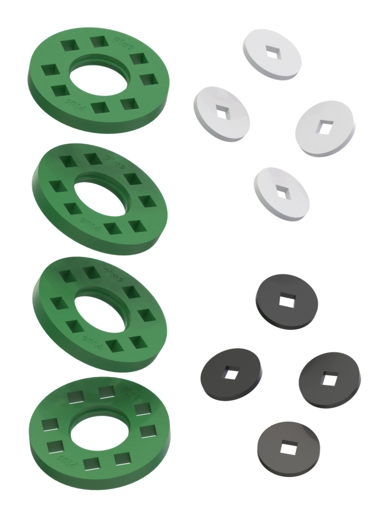 Wheels – 4 Green wheels with 4 white and 4 black hubs