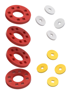 Wheels – 4 Red wheels with 4 white and 4 yellow hubs