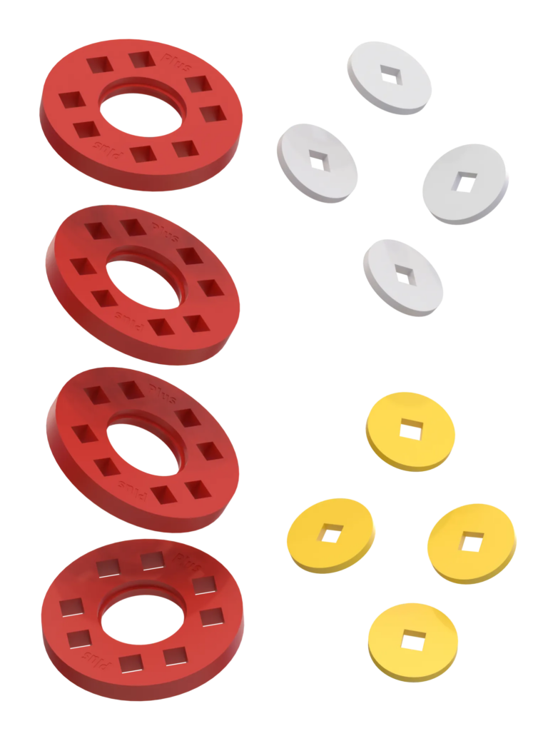 Wheels – 4 Red wheels with 4 white and 4 yellow hubs