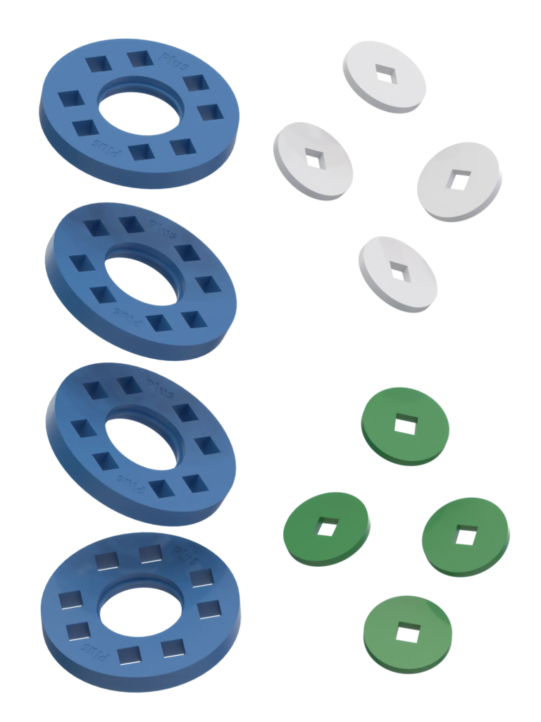 Wheels – 4 Blue wheels with 4 white and 4 green hubs