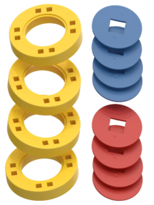 BIG Wheels – 4 Yellow wheels with 4 blue and 4 red hubs