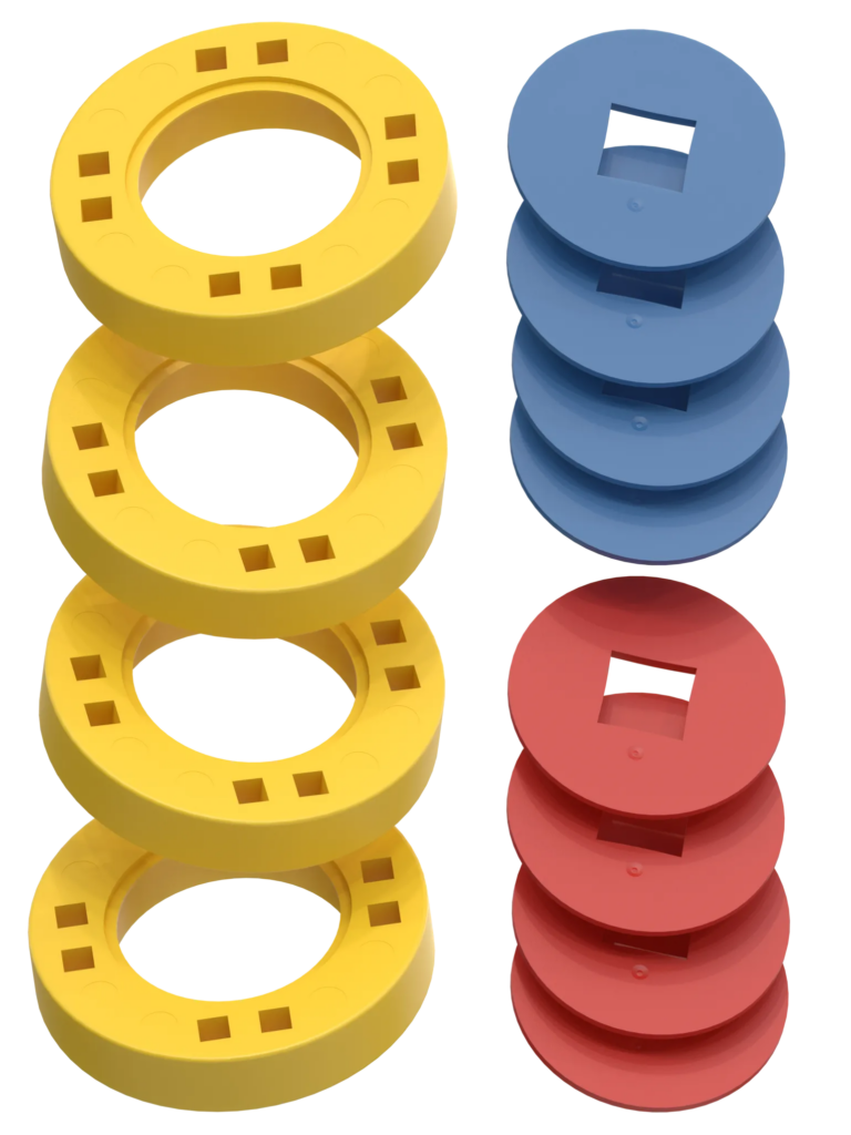 BIG Wheels – 4 Yellow wheels with 4 blue and 4 red hubs