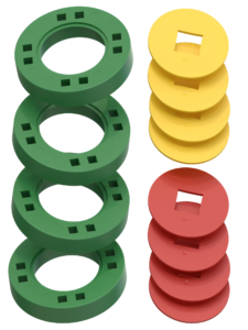 BIG Wheels – 4 Green wheels with 4 yellow and 4 red hubs