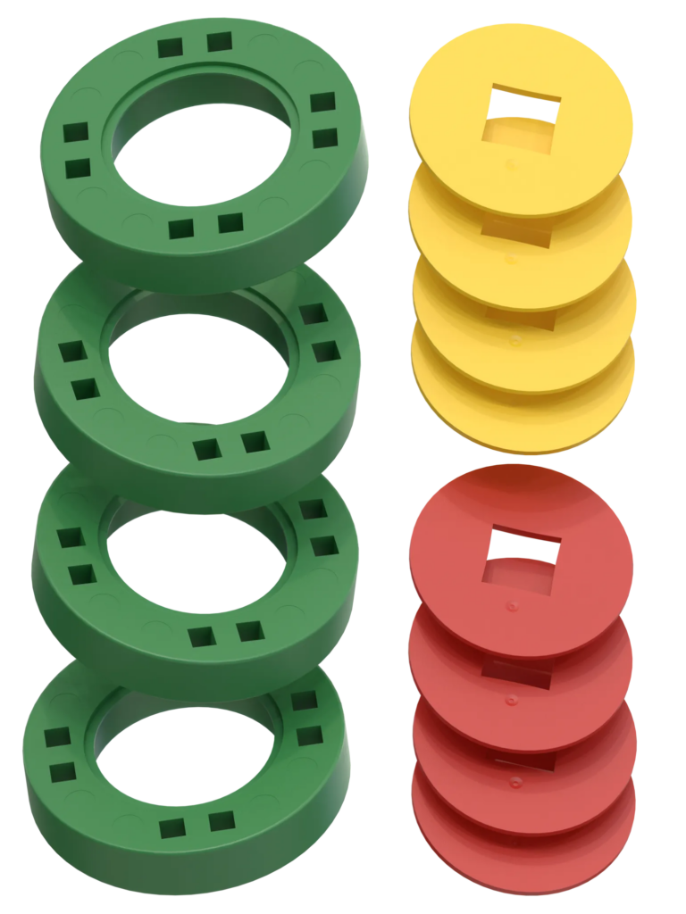 BIG Wheels – 4 Green wheels with 4 yellow and 4 red hubs