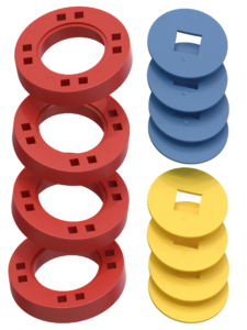 BIG Wheels – 4 Red wheels with 4 blue and 4 yellow hubs