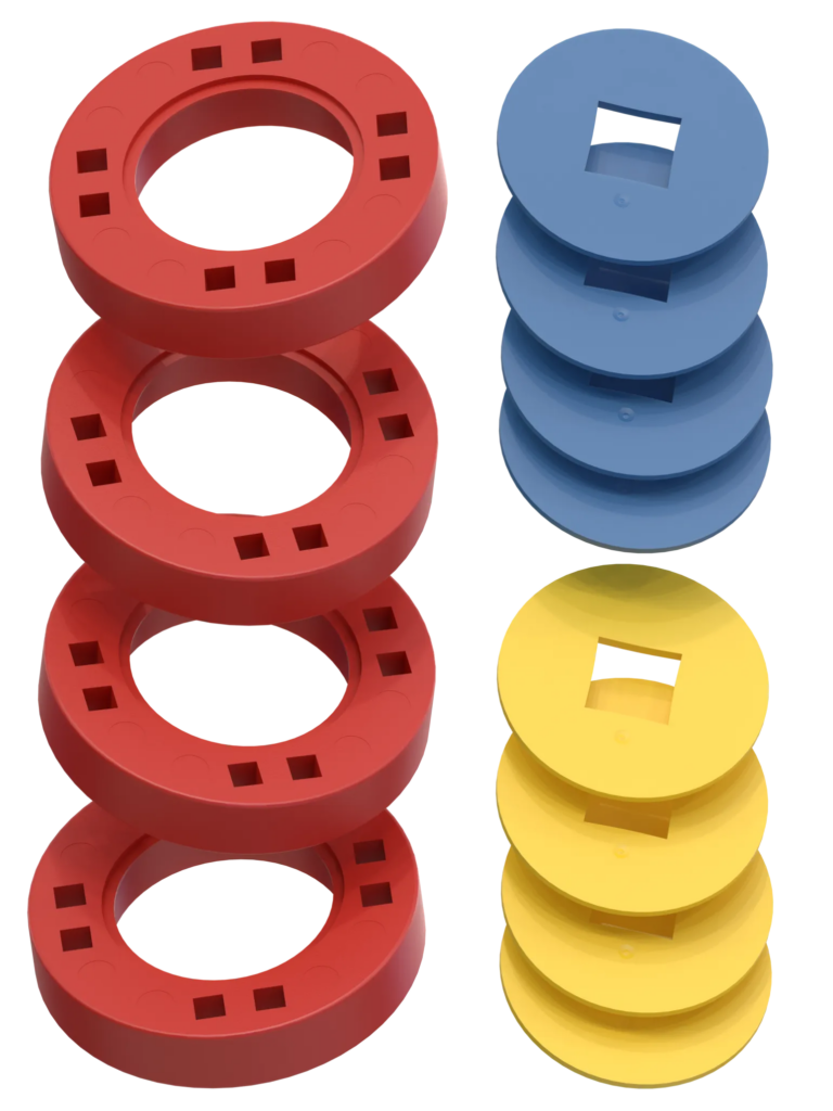 BIG Wheels – 4 Red wheels with 4 blue and 4 yellow hubs