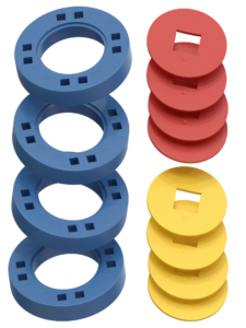 BIG Wheels – 4 Blue wheels with 4 red and 4 yellow hubs