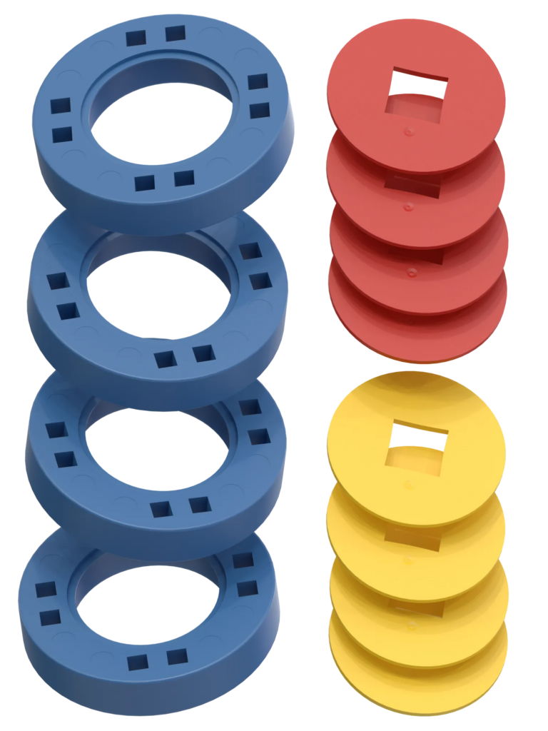 BIG Wheels – 4 Blue wheels with 4 red and 4 yellow hubs