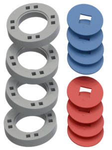 BIG Wheels – 4 Grey wheels with 4 blue and 4 red hubs